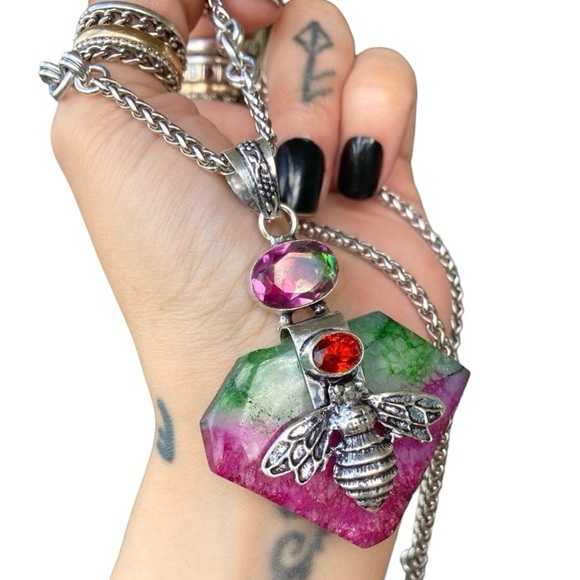 925 sterling silver overlay pink green agate & mystic topaz bee boho necklace . - Picture 12 of 14